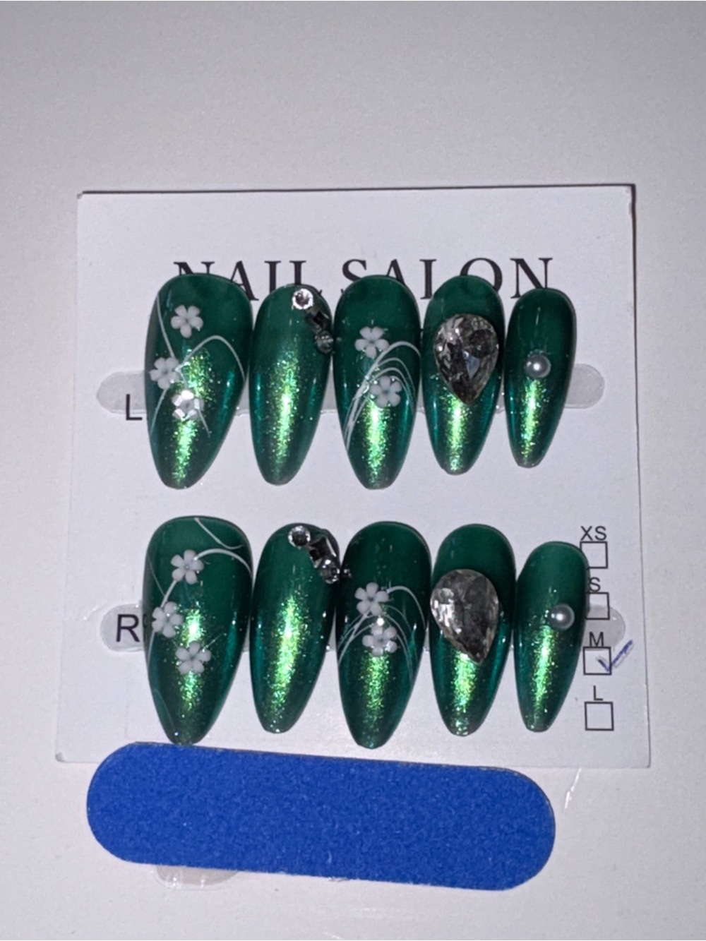 Green Shimmer Floral Press-On Nails with Rhinestone Accents